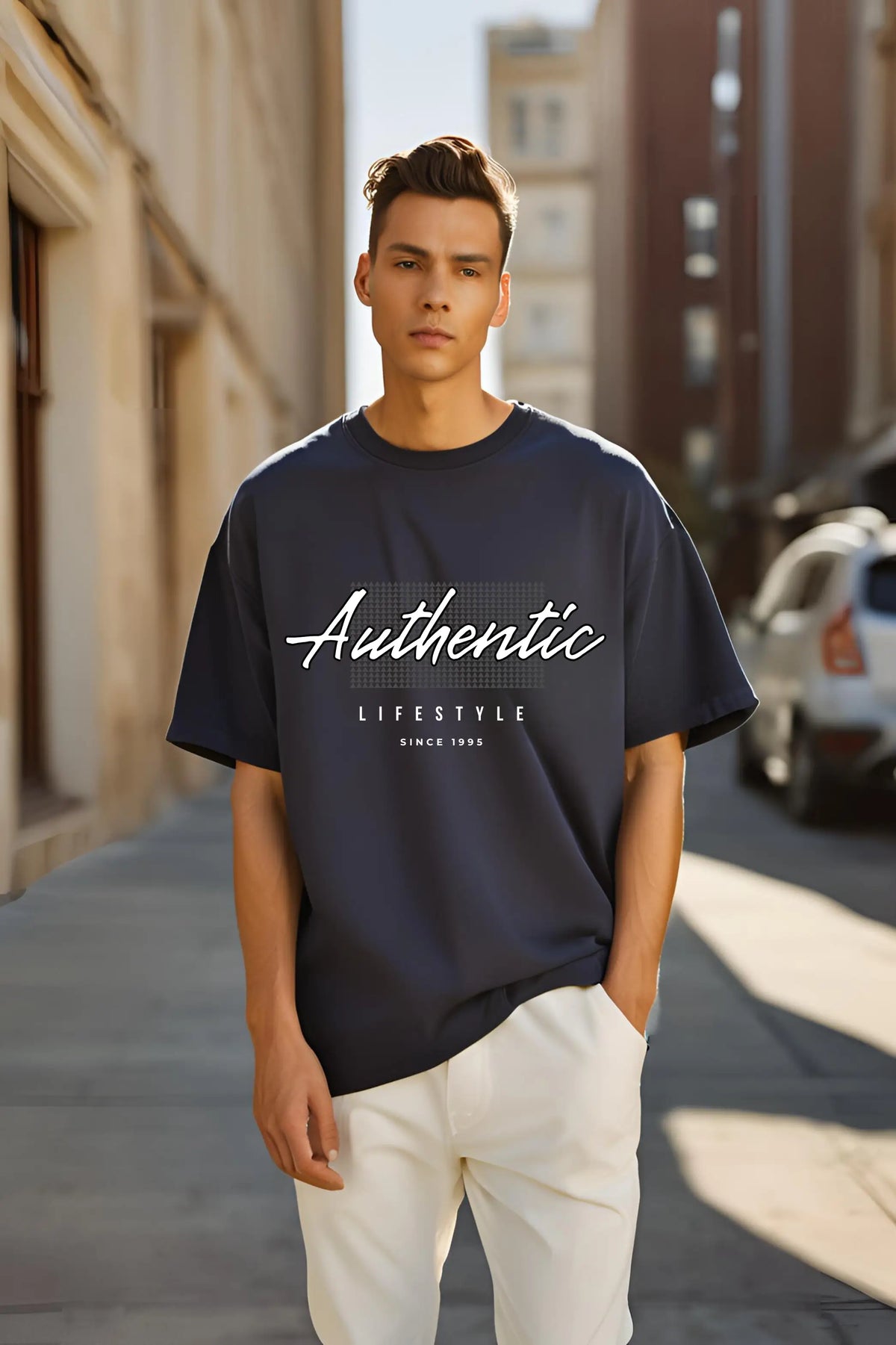 Unisex Navy-Blue Round Neck Half Sleeve Authentic Oversized T-shirt