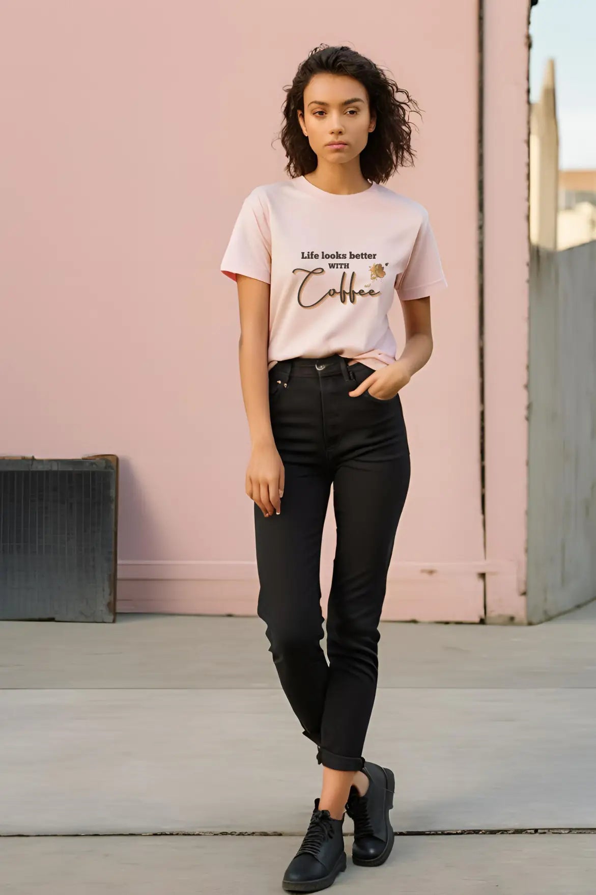 Women's "Life with Coffee" Baby Pink Half Sleeve T-shirt