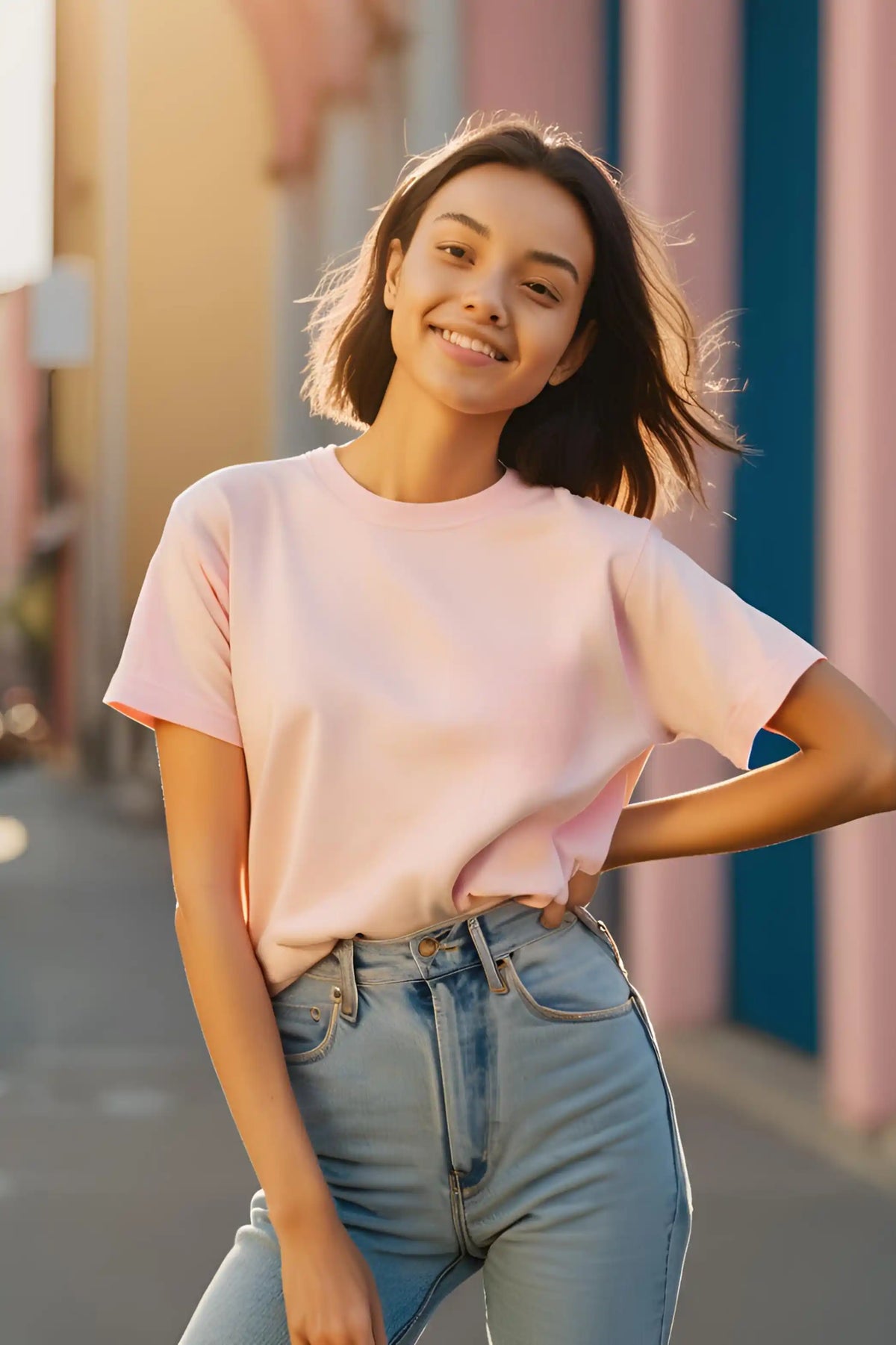 Women's Round Neck Half Sleeve Baby Pink Plain T-shirt