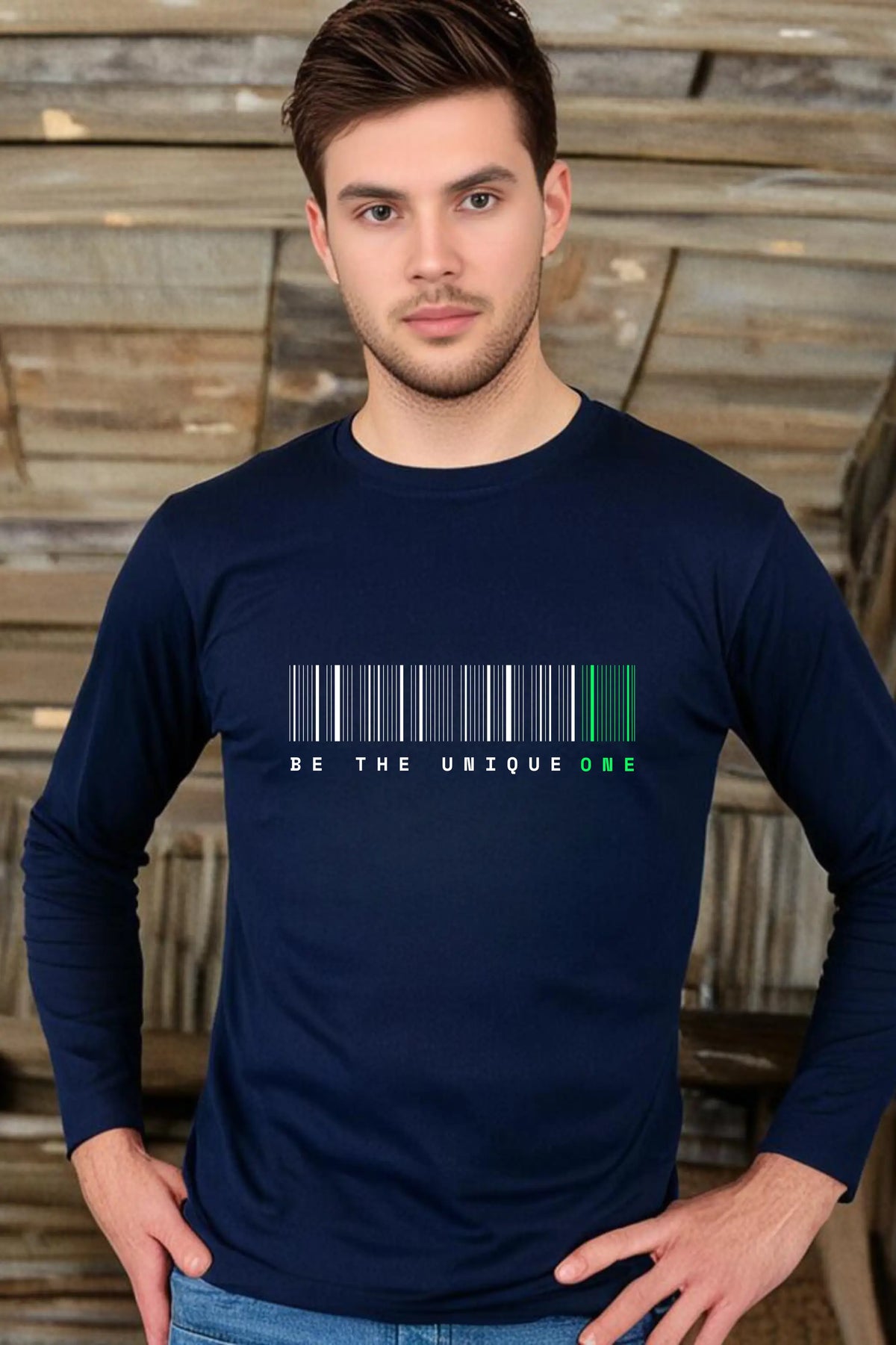 Men's Be Unique Round Neck Navy Blue Full Sleeve T-shirt