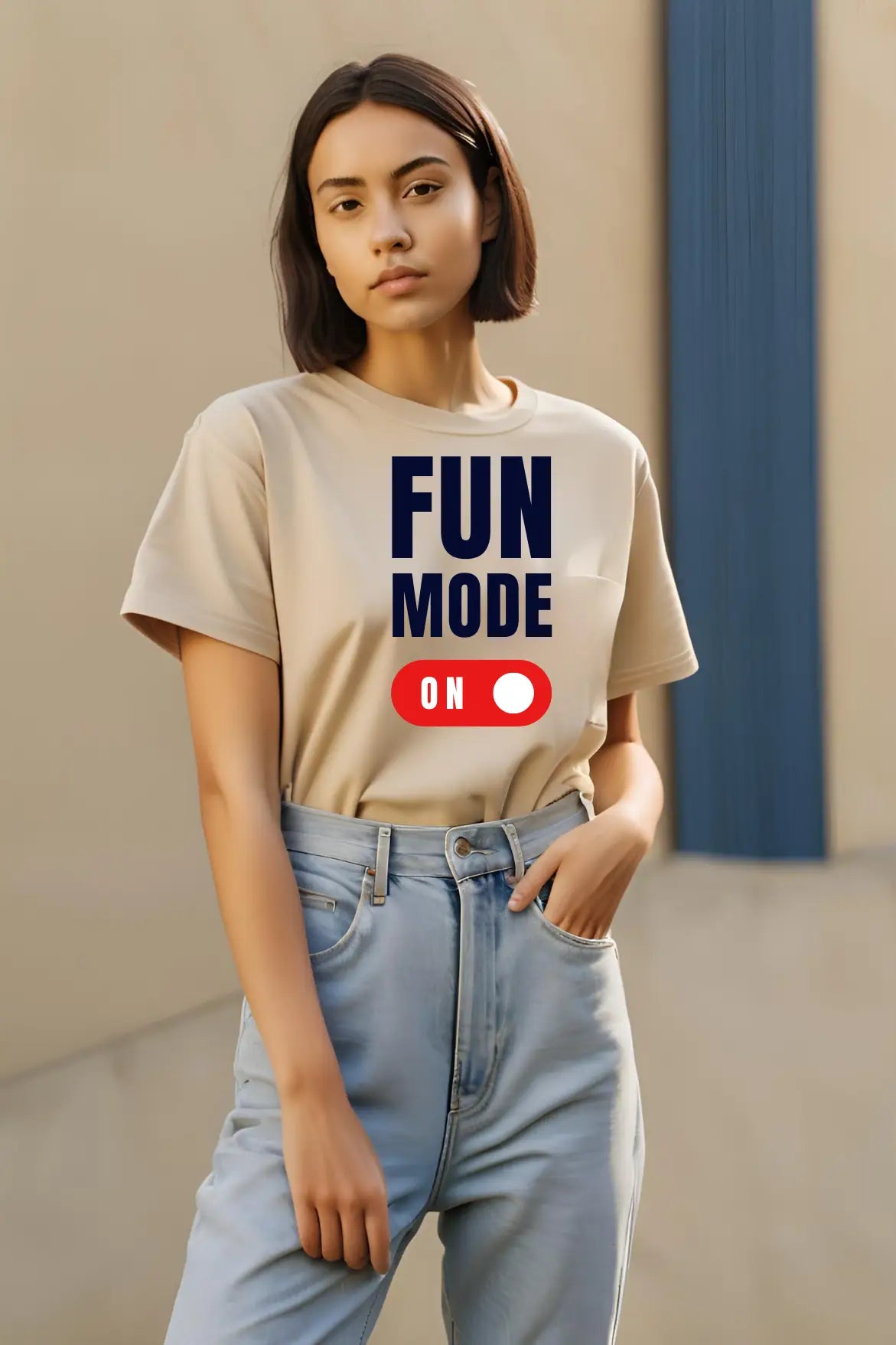 Women's Fun Mode On Beige Half Sleeve T-shirt