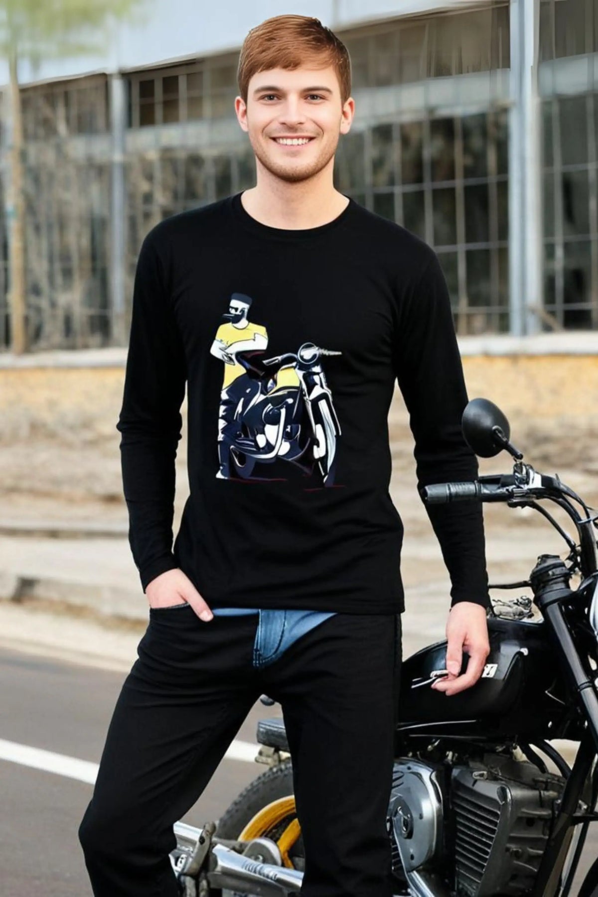 Men's Round Neck Black Full Sleeve Biker T-shirt