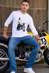 Men's Round Neck White Full Sleeve Biker T-shirt