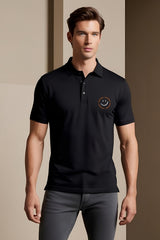 Men's Circular "Happiness" Graphic Black Polo T-shirt