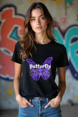 Women's Purple Butterfly Black Half Sleeve T-shirt
