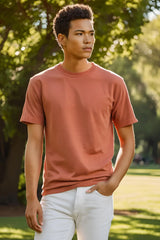 Men's Brick Red Round Neck Half Sleeve Plain T-shirt