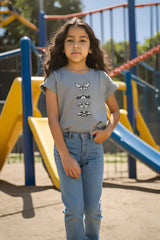 Girls Grey Melange Round Neck Half Sleeve Butterfly T-shirt