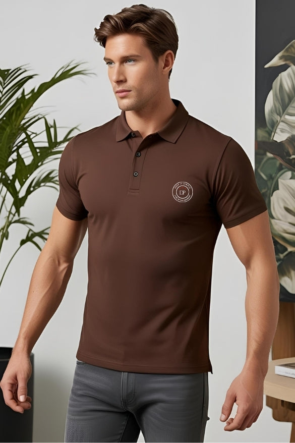 Men's "Drapelet" Stamp Design Coffee Brown Polo T-shirt