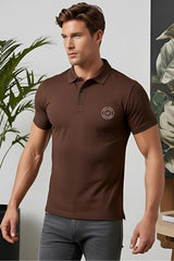 Men's "Drapelet" Stamp Design Coffee Brown Polo T-shirt