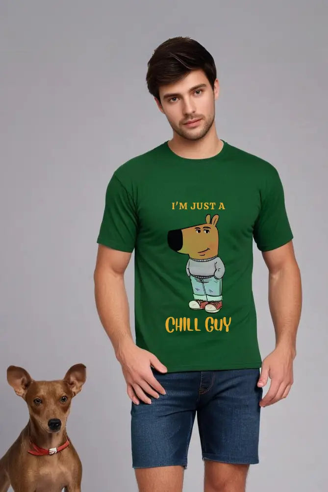 Men's Bottle Green Round Neck Half Sleeve Chill Guy T-Shirt