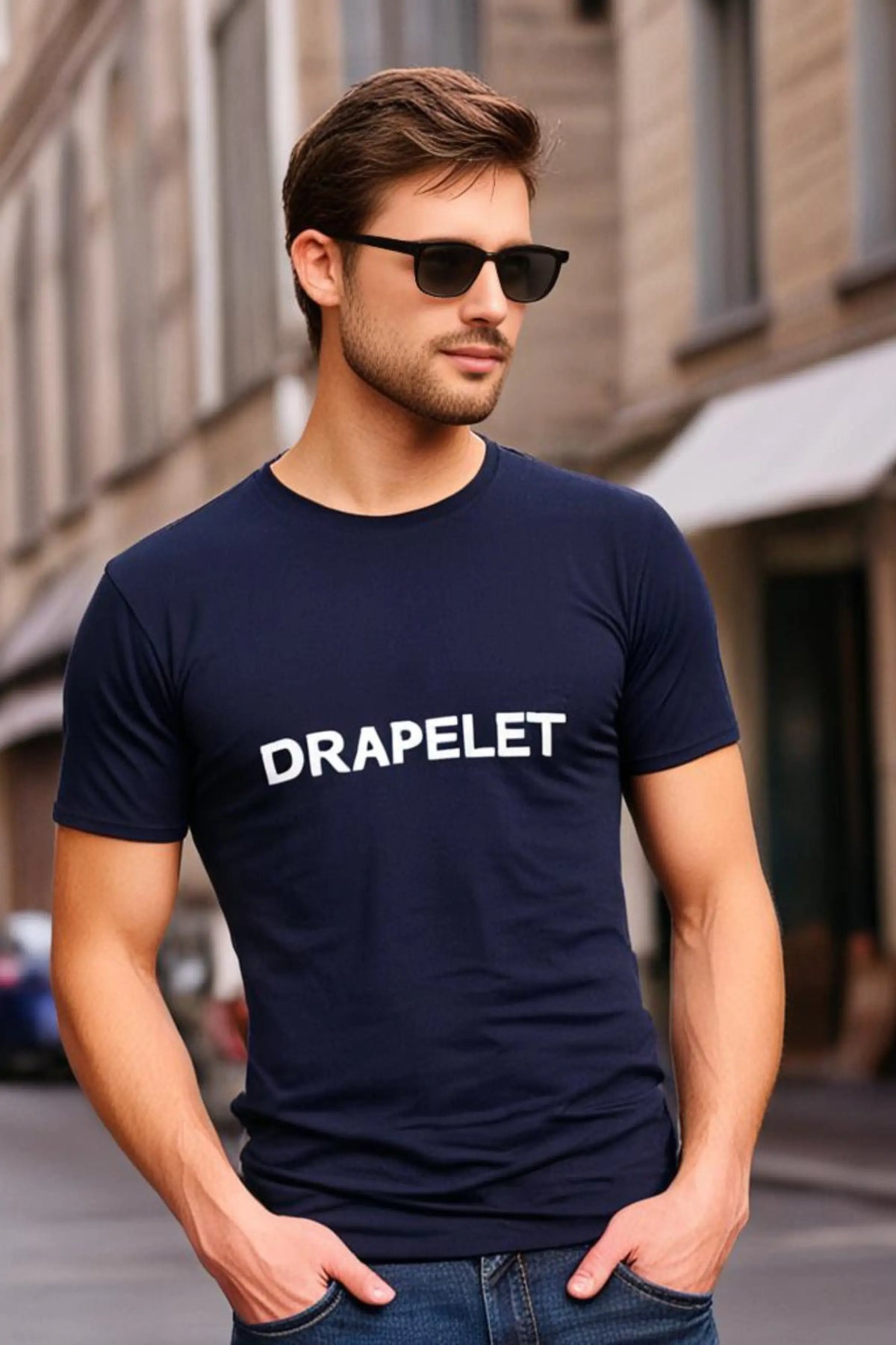 Men's Drapelet Round Neck Navy Blue Half Sleeve T-shirt