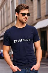 Men's Drapelet Round Neck Navy Blue Half Sleeve T-shirt