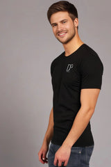 Men's Black Drapelet Round Neck Half Sleeve T-shirt