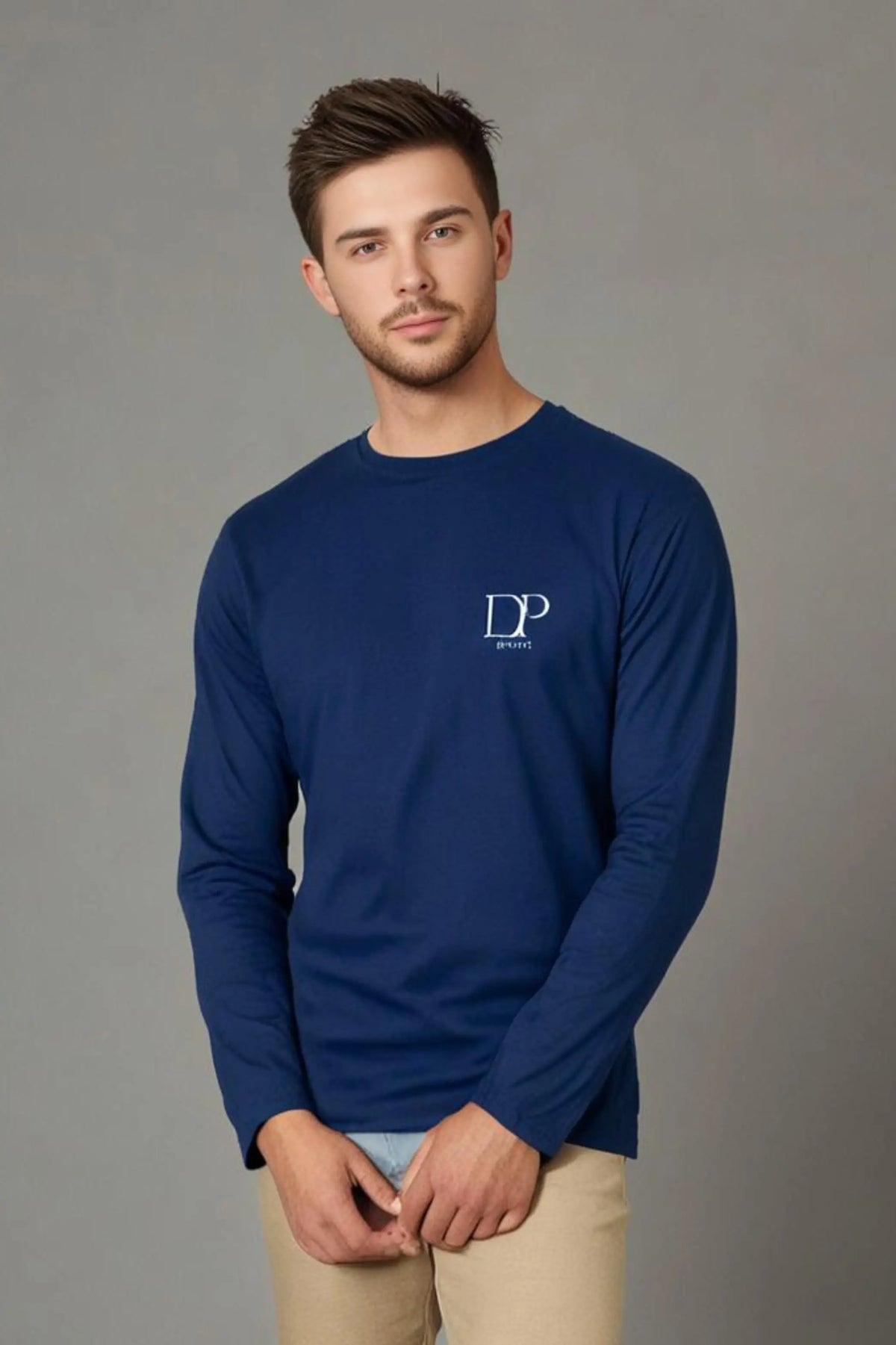 Men's Navy Blue Round Neck Full Sleeve T-shirt