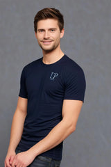 Men's Navy Blue Drapelet Round Neck Half Sleeve T-shirt