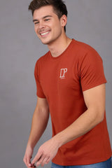 Men's Brick Red Drapelet Round Neck Half Sleeve T-shirt
