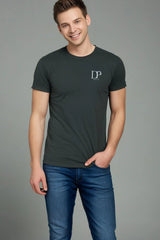 Men's Steel Grey Drapelet Round Neck Half Sleeve T-shirt