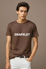 Men's Drapelet Round Neck Coffee Brown Half Sleeve T-shirt