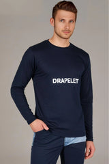 Men's Drapelet Round Neck Navy Blue Full Sleeve T-shirt