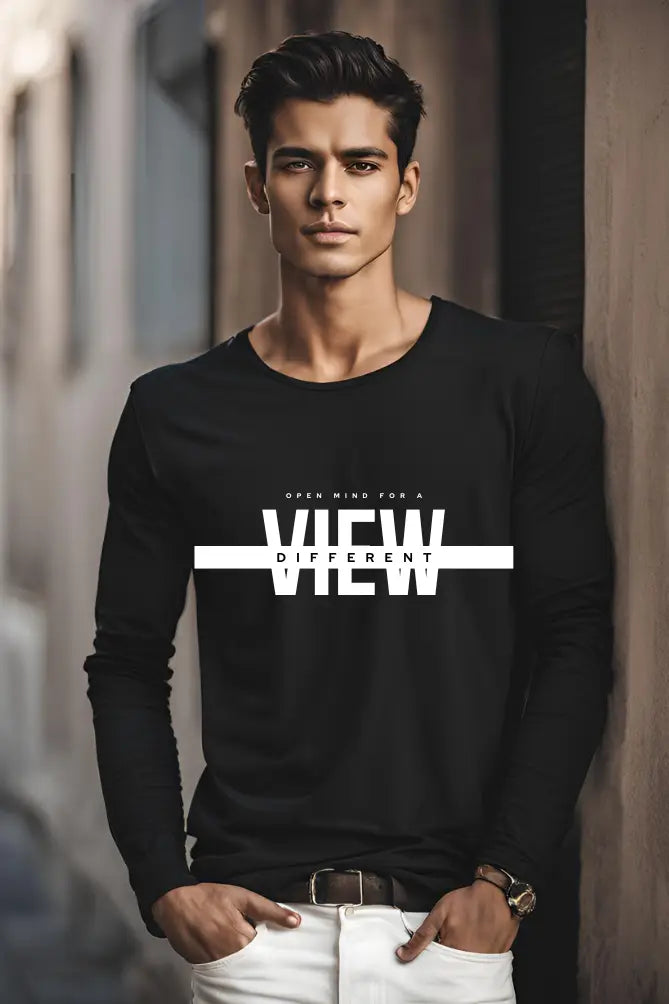 Men's Black Round Neck Full Sleeve Different View T-shirt
