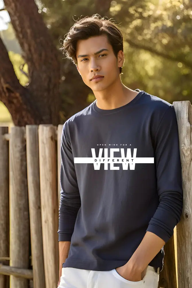 Men's Navy-Blue Round Neck Full Sleeve Different View T-shirt