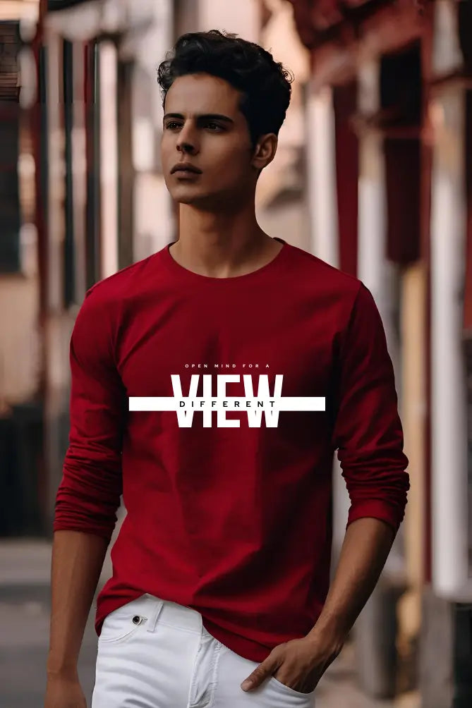 Men's Red Round Neck Full Sleeve Different View T-shirt