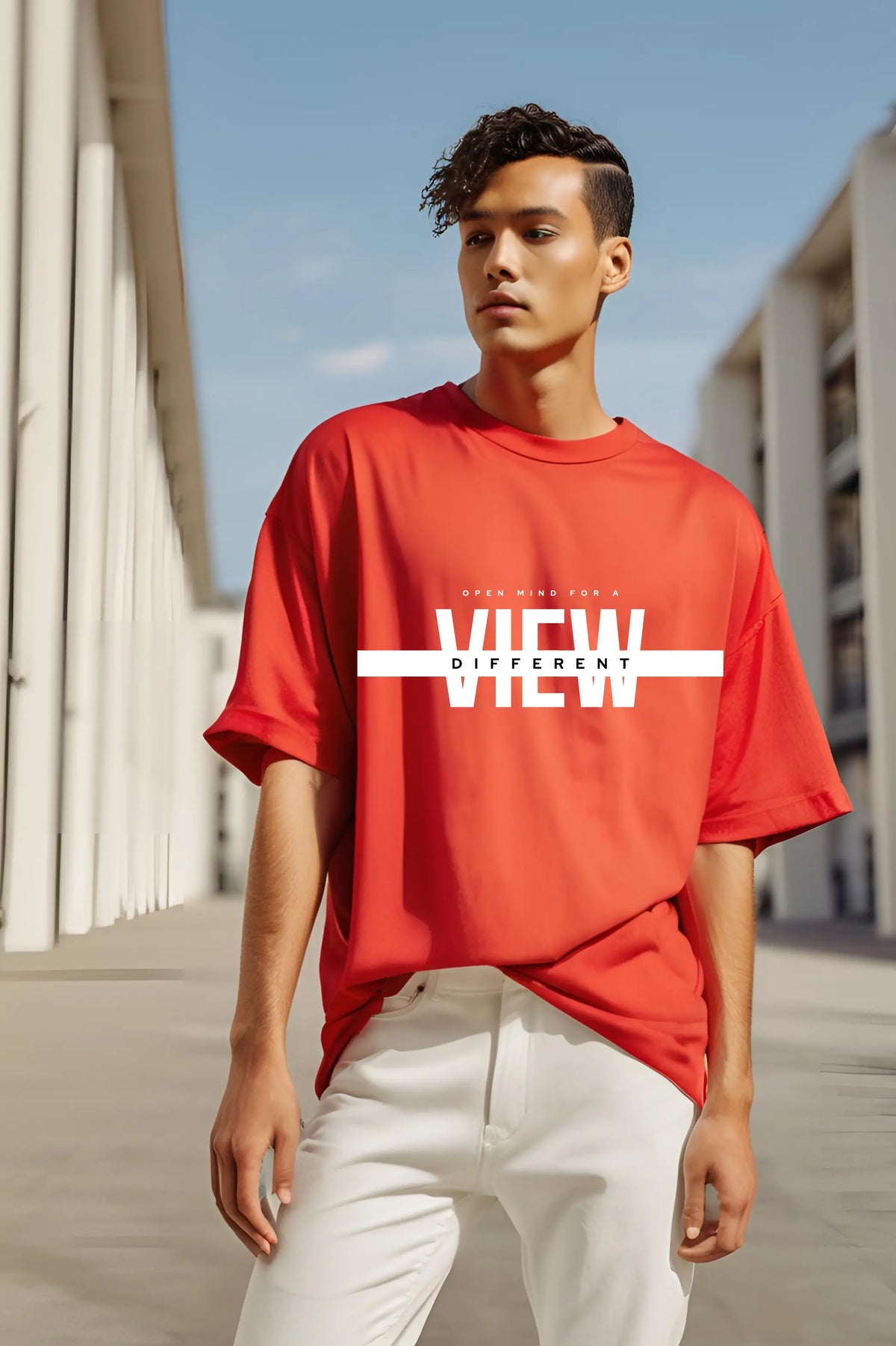 Unisex Red Round Neck Half Sleeve Different View Oversized T-shirt