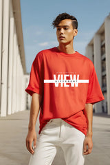 Unisex Red Round Neck Half Sleeve Different View Oversized T-shirt