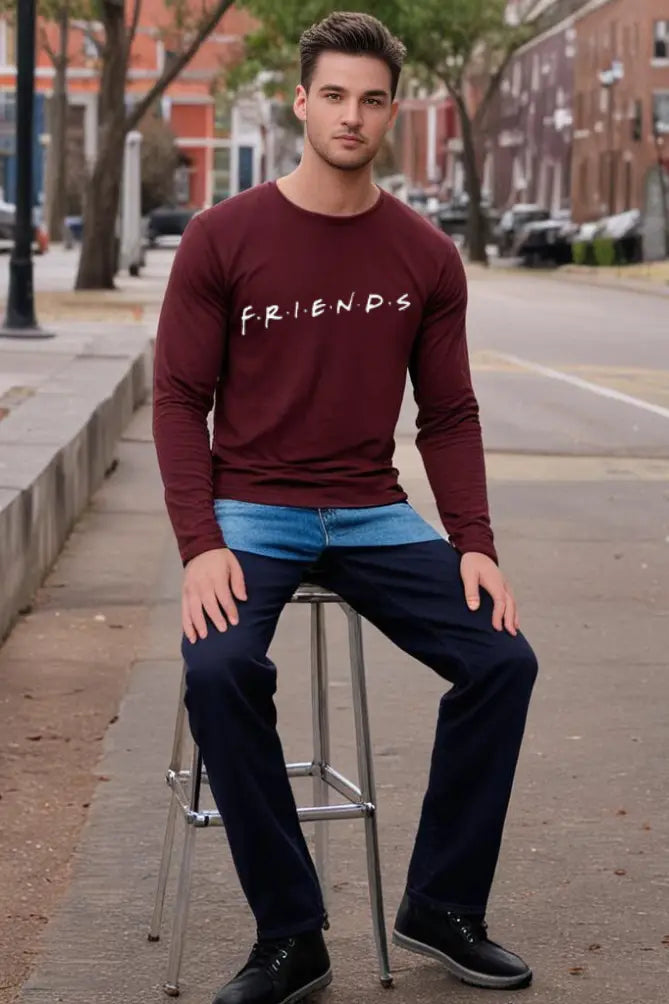 Men's Round Neck Maroon Full Sleeve FRIENDS T-shirt