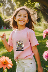 Girls Pink Round Neck Half Sleeve Giraffe T-shirt