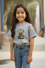 Girls Grey Melange Round Neck Half Sleeve Giraffe T-shirt