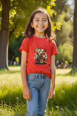 Girls Red Round Neck Half Sleeve Giraffe T-shirt