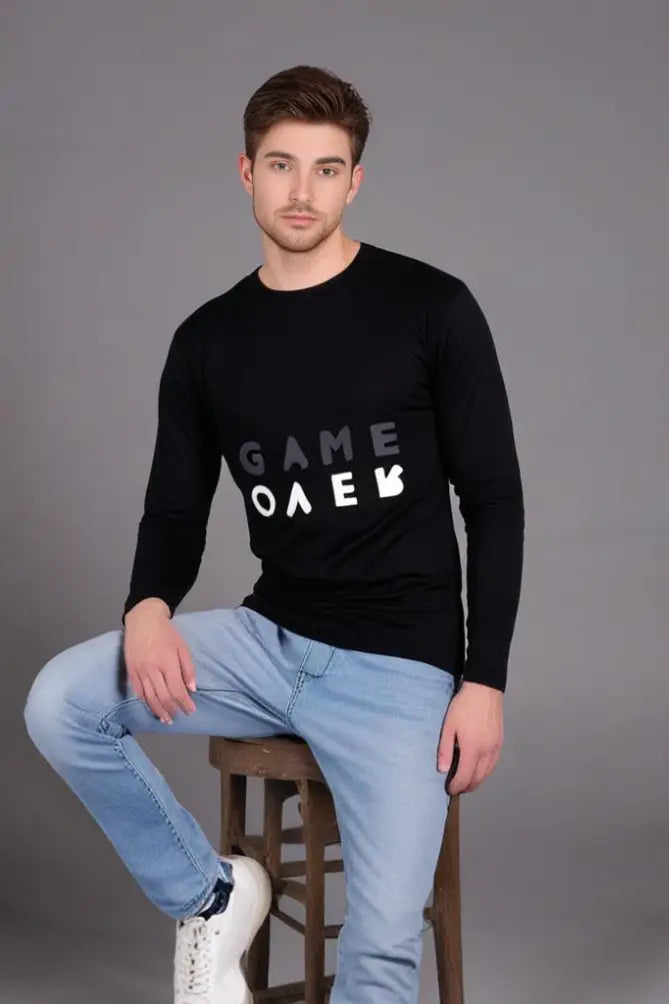 Men's Black Round Neck Full Sleeve Game Over T-Shirt