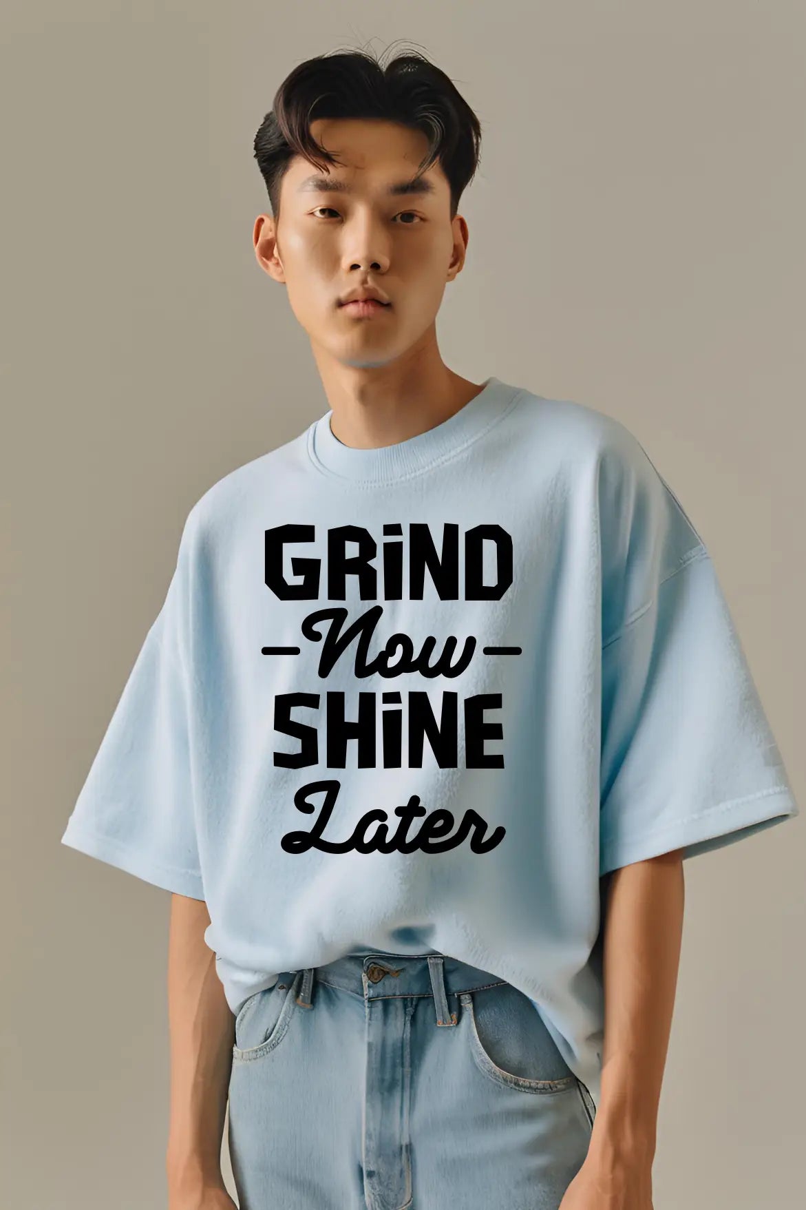 Unisex Shine Later Typography Terry Cotton Baby Blue Oversized T-shirt