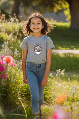 Girls Grey Melange Round Neck Half Sleeve Cream Bowl T-shirt