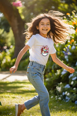 Girls White Round Neck Half Sleeve Cream Bowl T-shirt