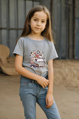 Girls Grey Melange Round Neck Half Sleeve Ice-cream Van T-shirt