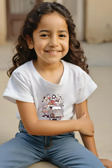 Girls White Round Neck Half Sleeve Ice-cream Van T-shirt