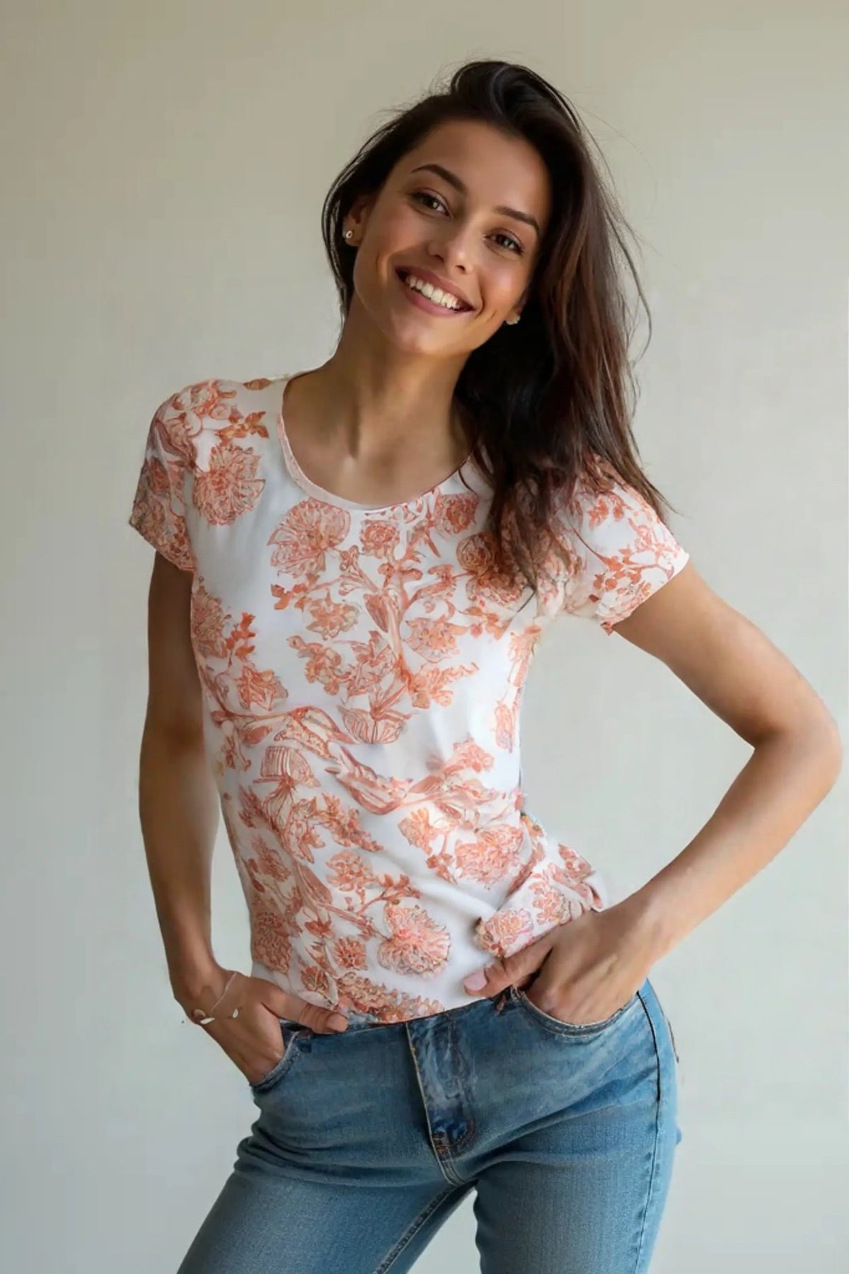 Girls Decorative Floral Print Half Sleeve Tshirt