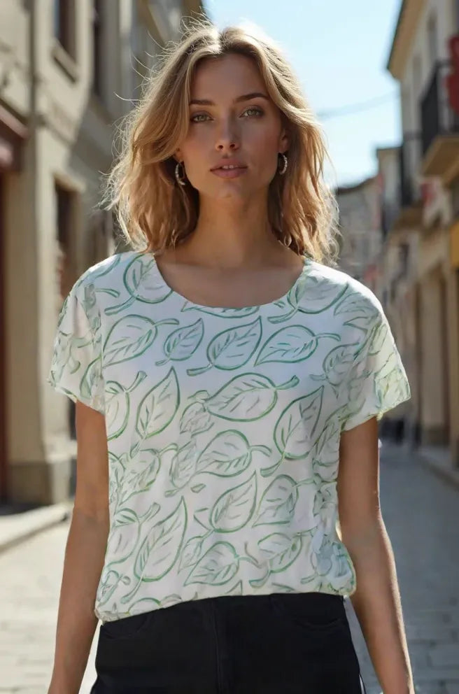 Women's Stylized Leaf Print Half Sleeve T-shirt