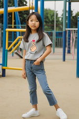 Girls Grey Melange Round Neck Half Sleeve K-PoP Love T-shirt