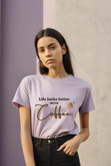 Women's "Life with Coffee" Lavender Half Sleeve T-shirt