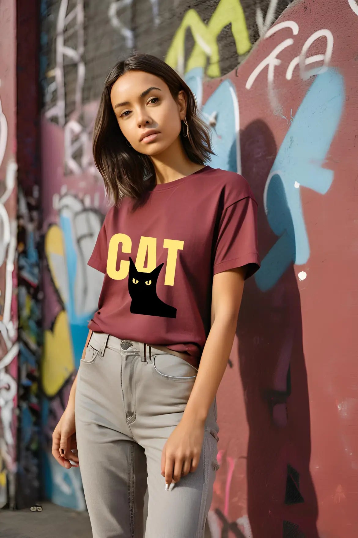 Women's Maroon Black Cat Half Sleeve T-shirt