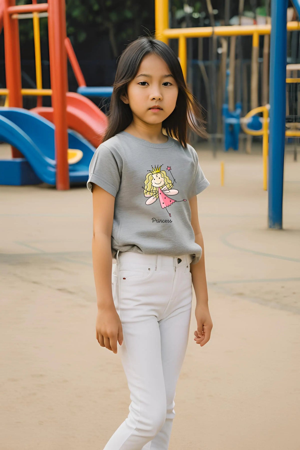 Girls Grey Melange Round Neck Half Sleeve Mini Princess T-shirt