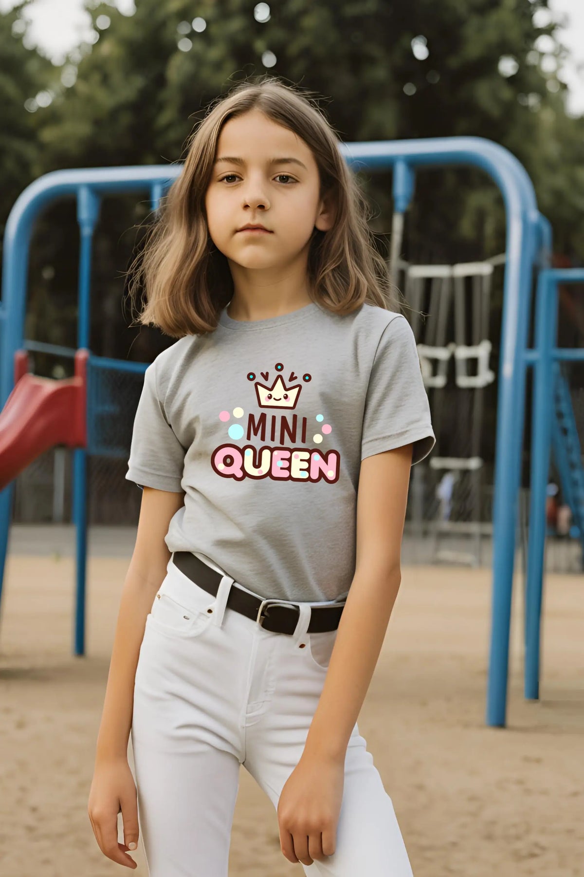 Girls Grey Melange Round Neck Half Sleeve Queen T-shirt