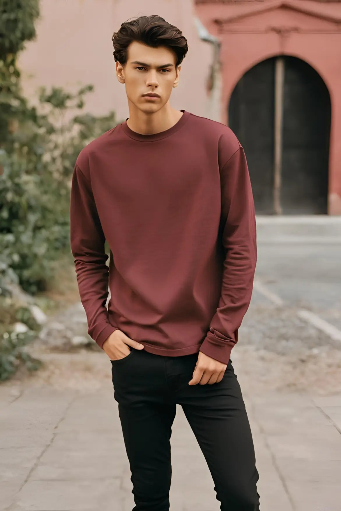 Men's Maroon Round Neck Full Sleeve Plain T-shirt