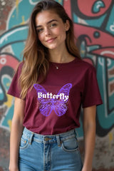 Women's Purple Butterfly Maroon Half Sleeve T-shirt