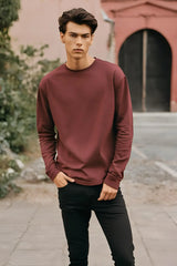 Men's Maroon Round Neck Full Sleeve Plain T-shirt