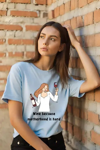 Women's Wine & Motherhood Skyblue Half Sleeve T-shirt
