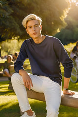 Men's Navy-Blue Round Neck Full Sleeve Plain T-shirt